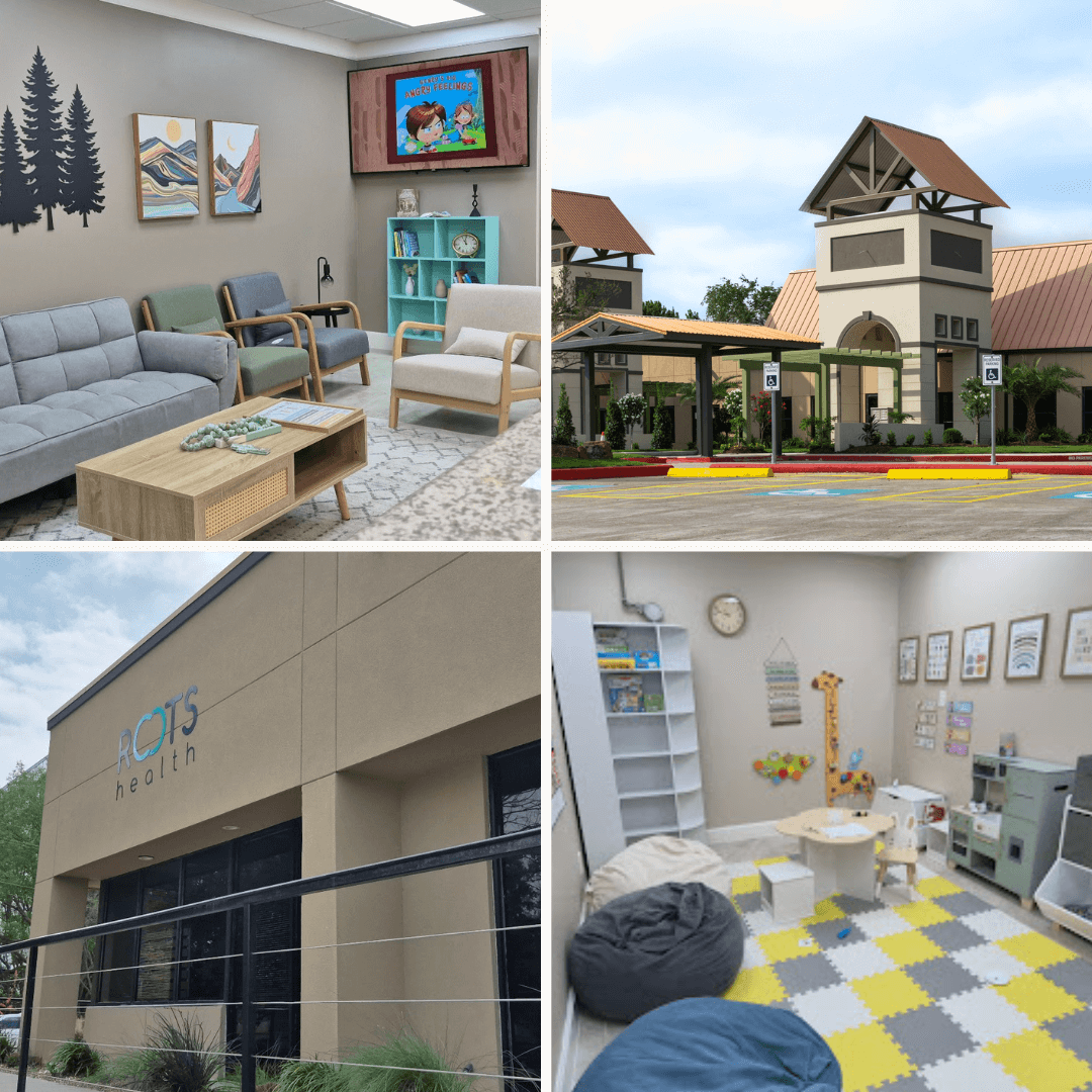 Map of Roots Health Connected Care clinics including Pediatric Medical Center in Houston near Space Center and Pasadena, plus partner clinics across Pearland, La Porte, Texas City, and Corpus Christi.